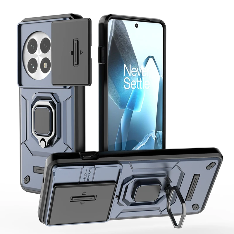 Slide Lens Protect Armor Phone Case with Car Magnetic Ring Holder and Back Cover