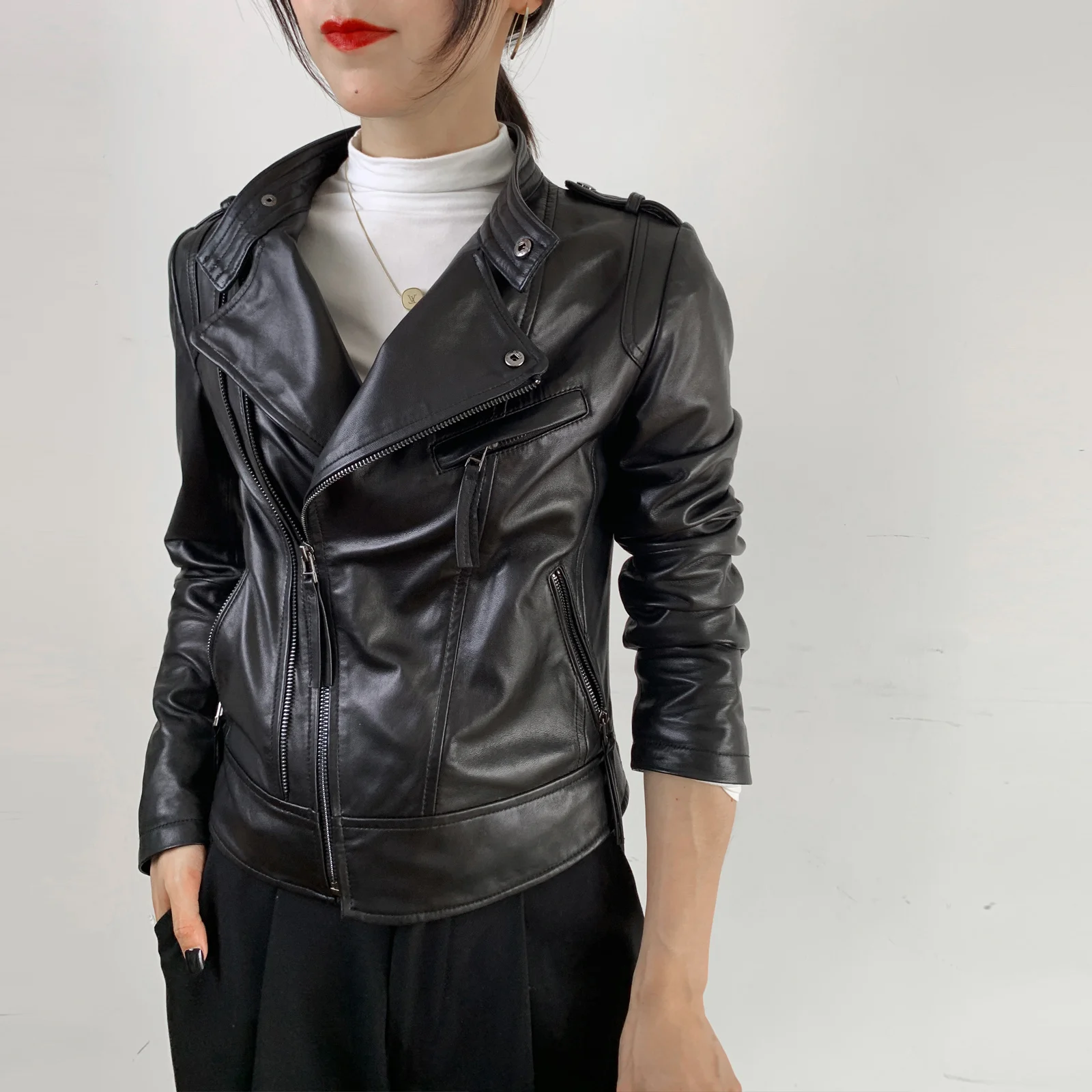 

2023 Real Leather Jacket Women Motorcycle Sheepskin Coat Spring Autumn coats and jackets for women Chaqueta De Cuero Mujer zm