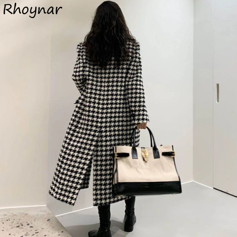 

Houndstooth Blends Women Long Coats Vintage Elegant High Street Autumn Winter Stylish French Version Notched Clothing for Ladies