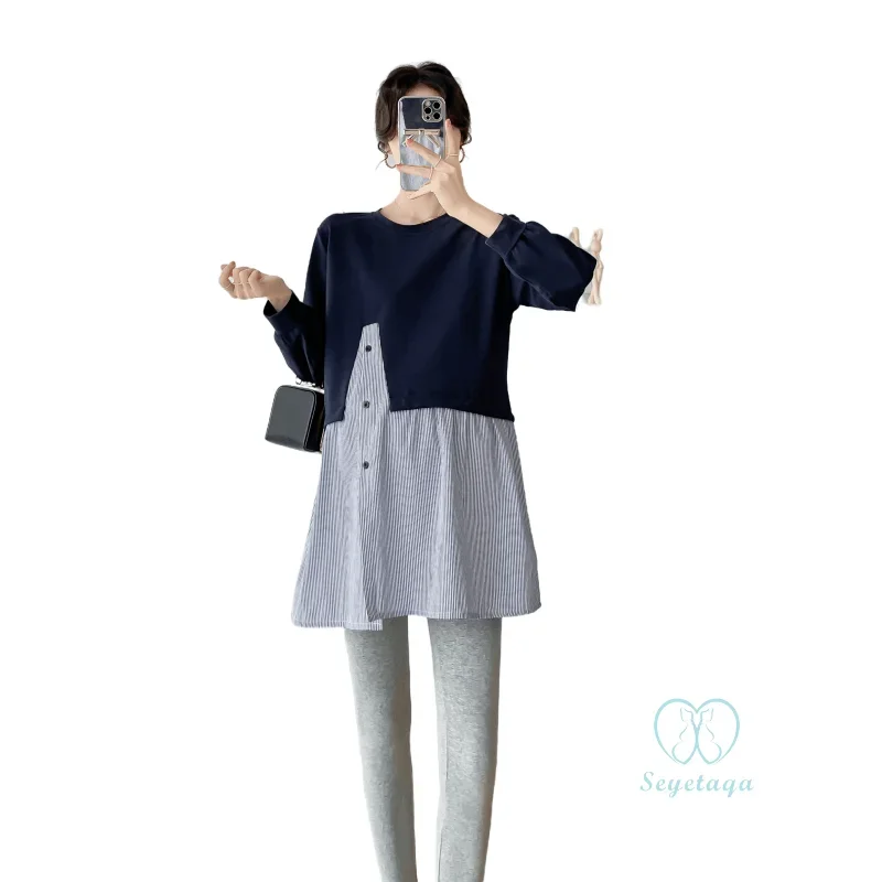 Striped Cotton Patchwork Maternity Blouses Spring Fashion Shirts Clothes for Pregnant Women Loose Pregnancy Tees Tops