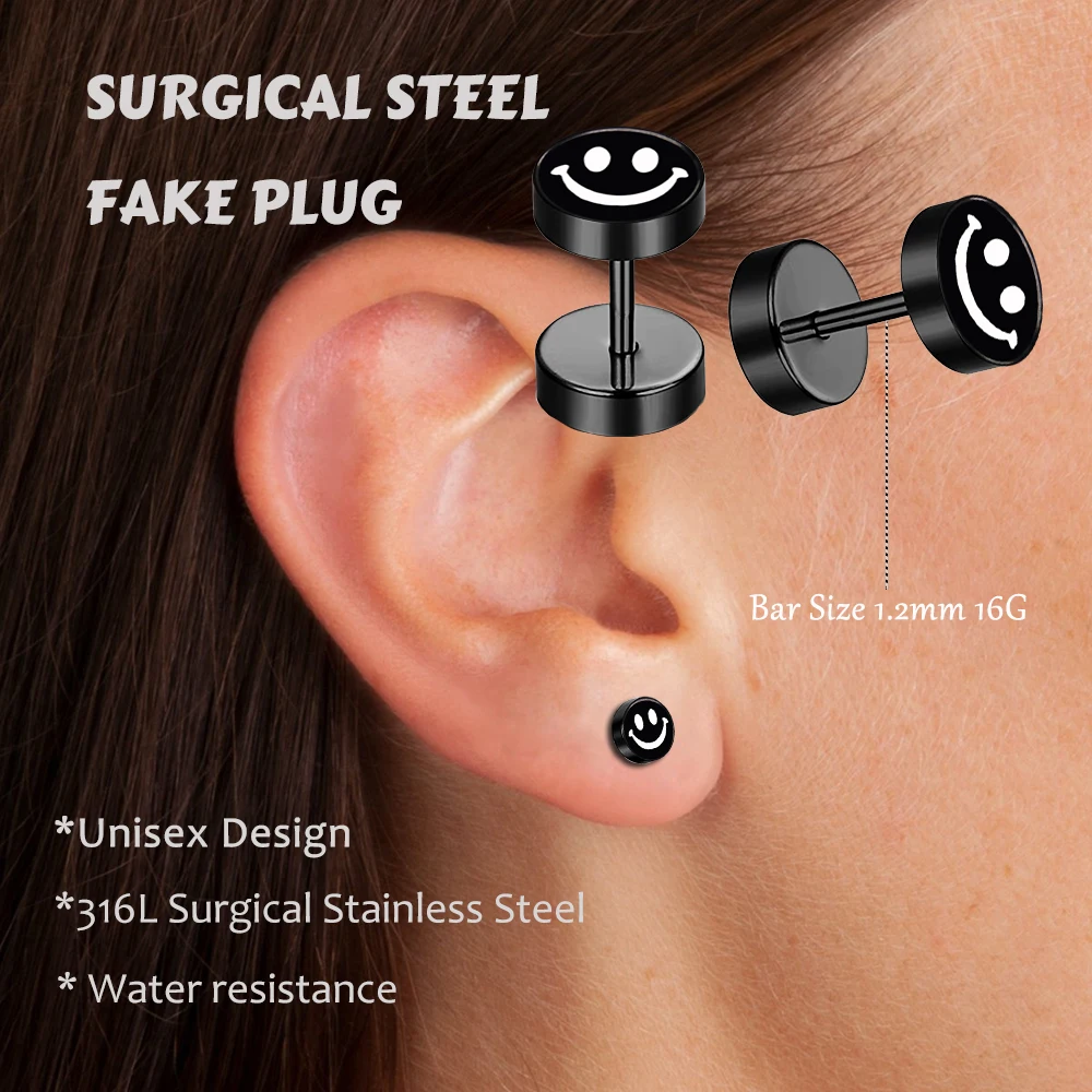 1Pc Stainless Steel Black Logo Ear Fake Plug Faux Ear Plug Cartilage ...