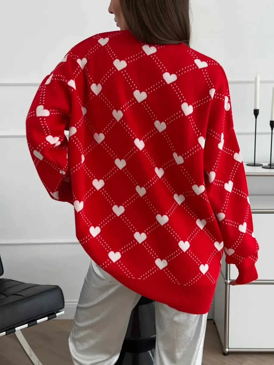 Autumn Printed Knitwear Pullover For Women Casual Patchwork Long Sleeve Contrast Loose Top Clothes Female Knit Pullover