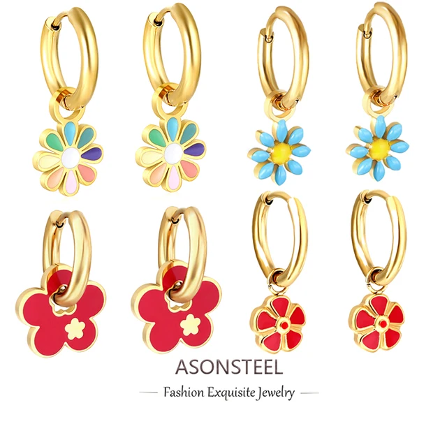 ASONSTEEL Chic Colorful Drip Oil Flower Daisy Drop Earrings Gold Plated Delicate Stainless Steel Hoop Earrings Exquisite Jewelry