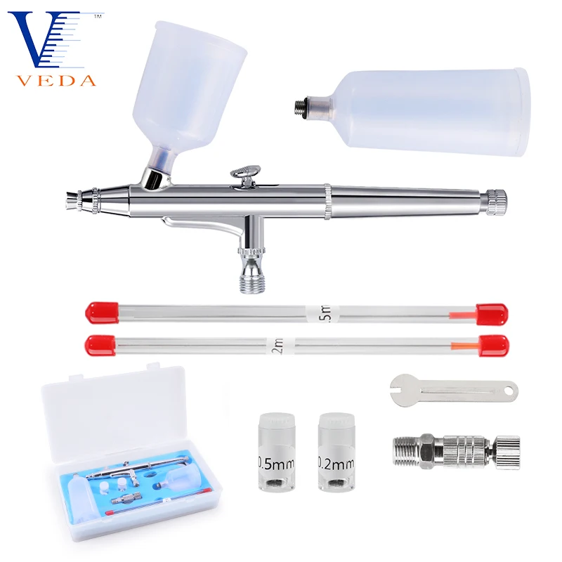 VEDA 0.2/0.3/0.5mm Double Action Trigger Airbrush Sets with 2 Cups Spray Gun Model Air Brush Kit for Makeup Nail Tool Tattoo Art 2 sets simulated microphone mini house ornament model decor alloy metal accessories