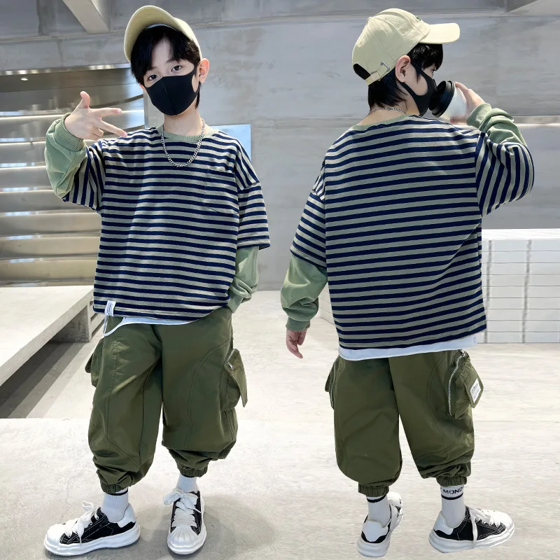 

2023 Fashion Big Girls Sports Suits O Collar Stripe Top Clothing Set Teenage Spring Autumn Tracksuit Kids Sportswear 4-14 Years