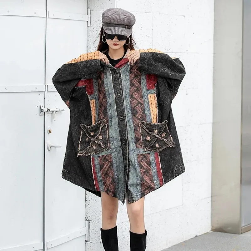 

2024 Spring Autumn Printed Knitted Stitched Hooded Cardigan Coat Large Loose Distressed Denim Vintage Causal Coat LX379S