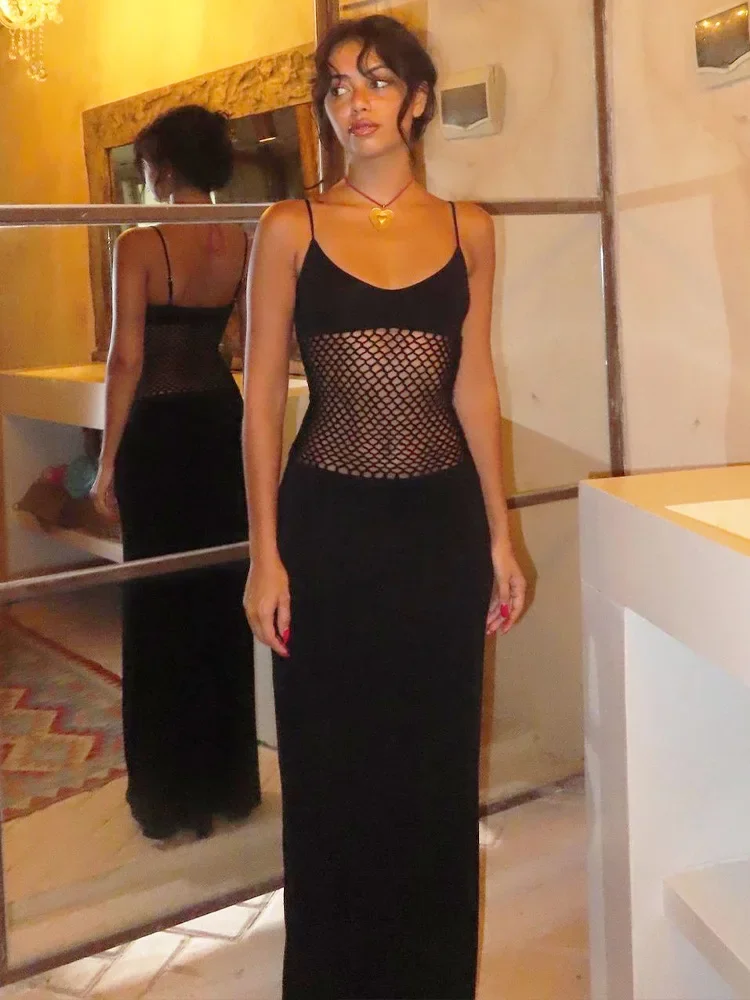 

Sexy Hollow Out Maxi Dresses for Women 2024 Summer Elegant Fashion Spaghetti Straps Sleeveless Evening Party Dress Club Outfits