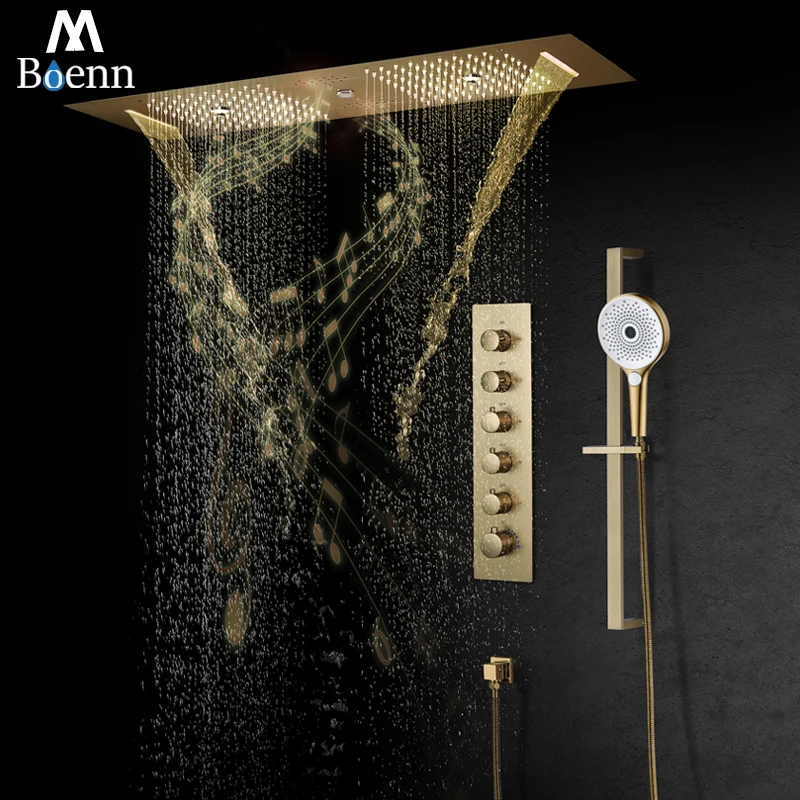 MBoennBrushedGoldSmartThermostaticLEDShowerSystemBathroom