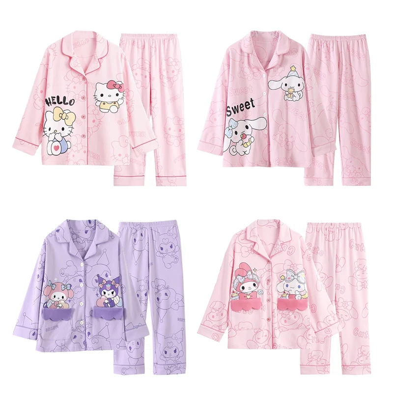 

Anime Hellokittys Kuromi Cinnamoroll Long Sleeved Pajamas Kawaii Sanrioed Children's Pajamas Set Boys and Girls Lapel Homewear
