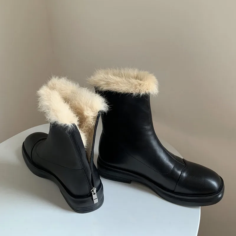 

2022 Autumn and winter Women ankle Boots natural leather 22-24.5cm cowhide upper lamb wool warm flat ankle boots skinny boots