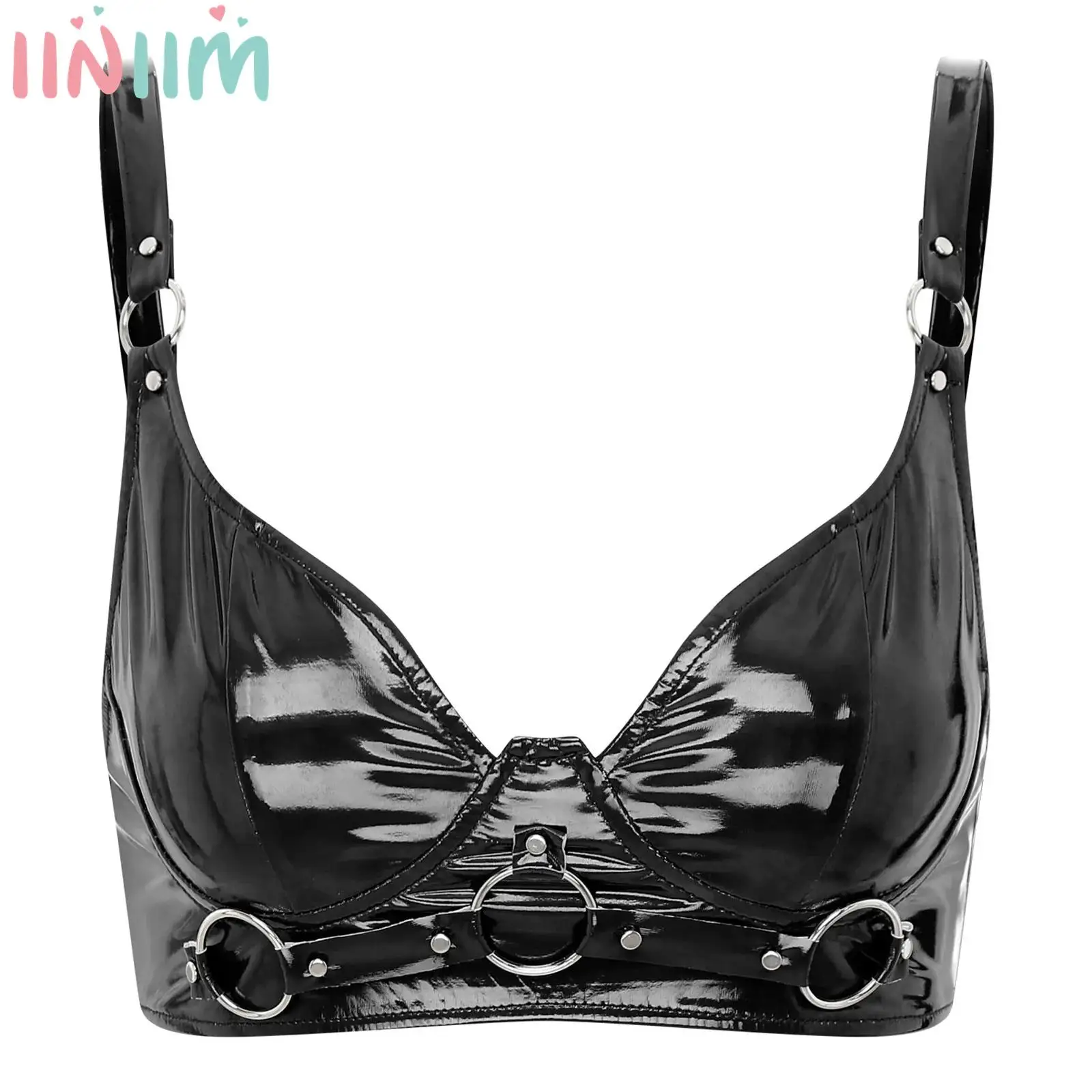 

Womens Wet Look Patent Leather Bra Top Gothic Punk Metal Clubwear O-Ring Rivets Buckle Wirefree Bralette Lingerie