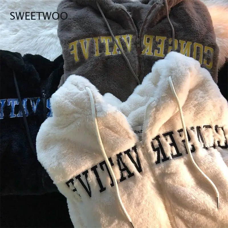 Lamb Plush Winter Clothes Women Vintage Letter Embroidery Thickened Sweatshirt Women Tops Loose and Lazy Hoodies Women Coat 2022