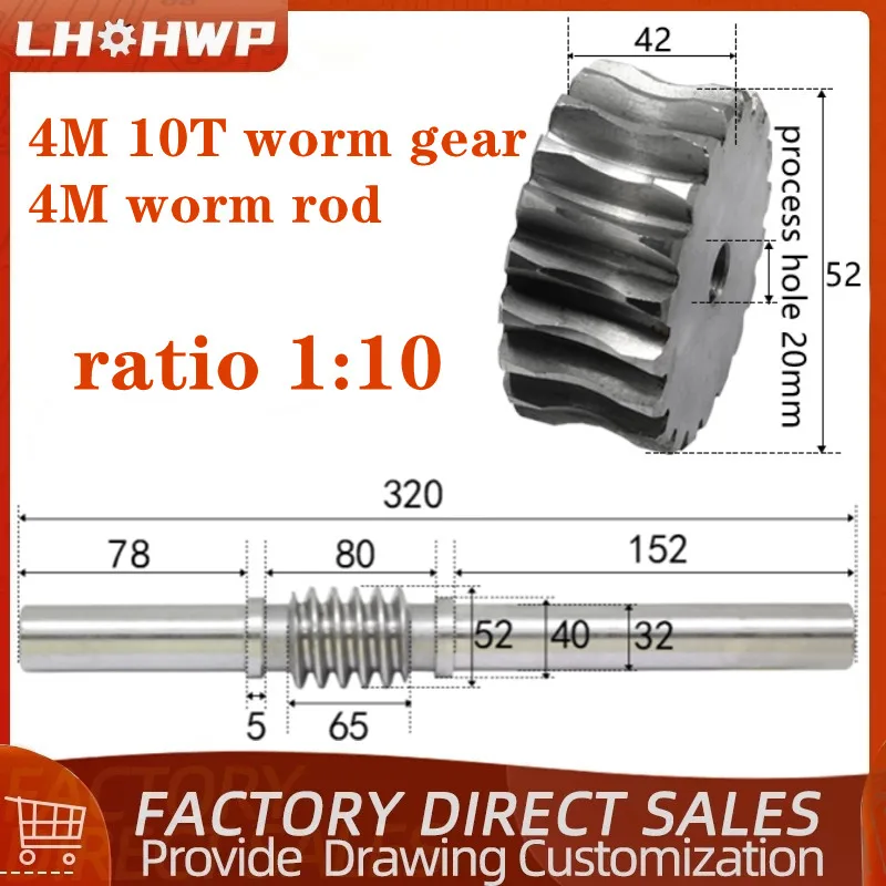 1 Sets 4 Modulus 4M Worm Rod With Worm Gear 4M 10T 10 Teeth 45# Steel Reduction ratio 1:10 Worm Rod With Process Hole