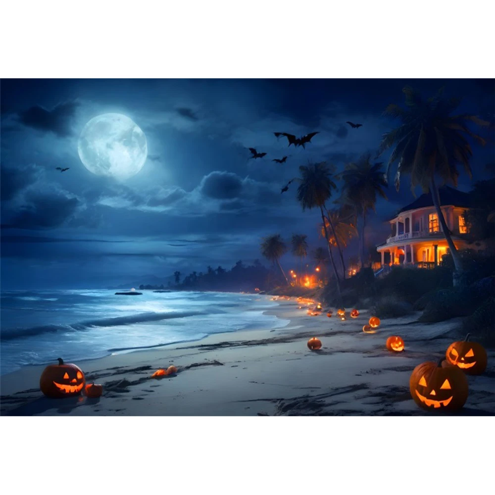 Toile De Fond Photo Halloween 248x188 Cm - Pleine Lune, Château Hanté, Citrouilles - Décoration De Fête Effrayante