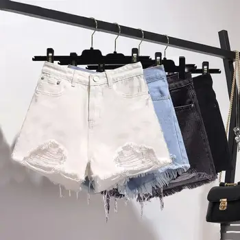 Summer Women\'s Cowboy Shorts Korean High Waist Casual Denim Shorts Pocket Tassel Perforated Ripped Holes Y2K Girls White Jeans 1