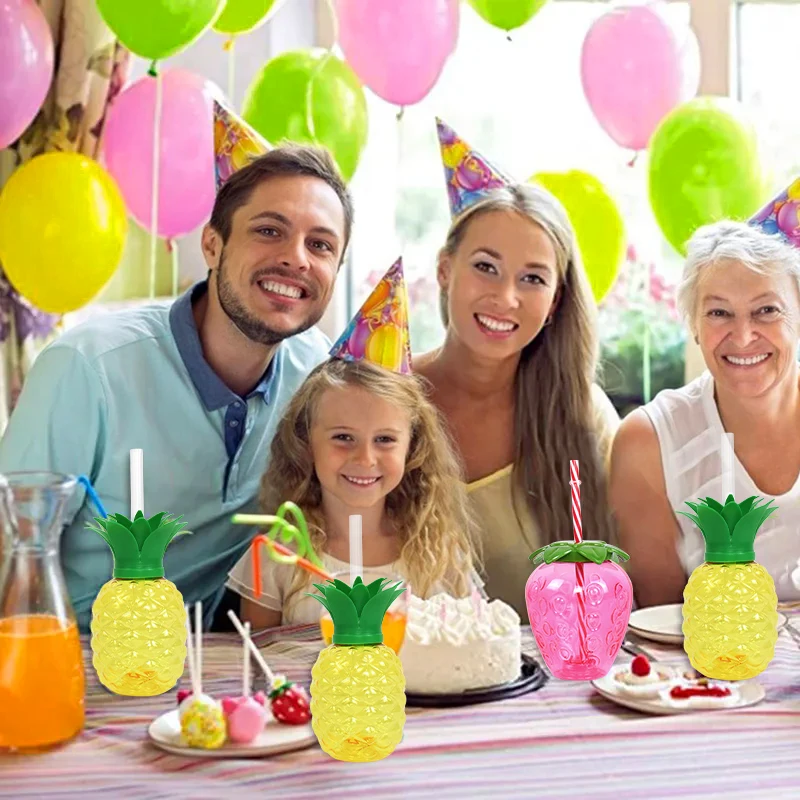 8pcs Strawberry Pineapple Drinking Cup with Straw Hawaiian Tropical Birthday Party Decoration Summer Beach Pool Party Supplies