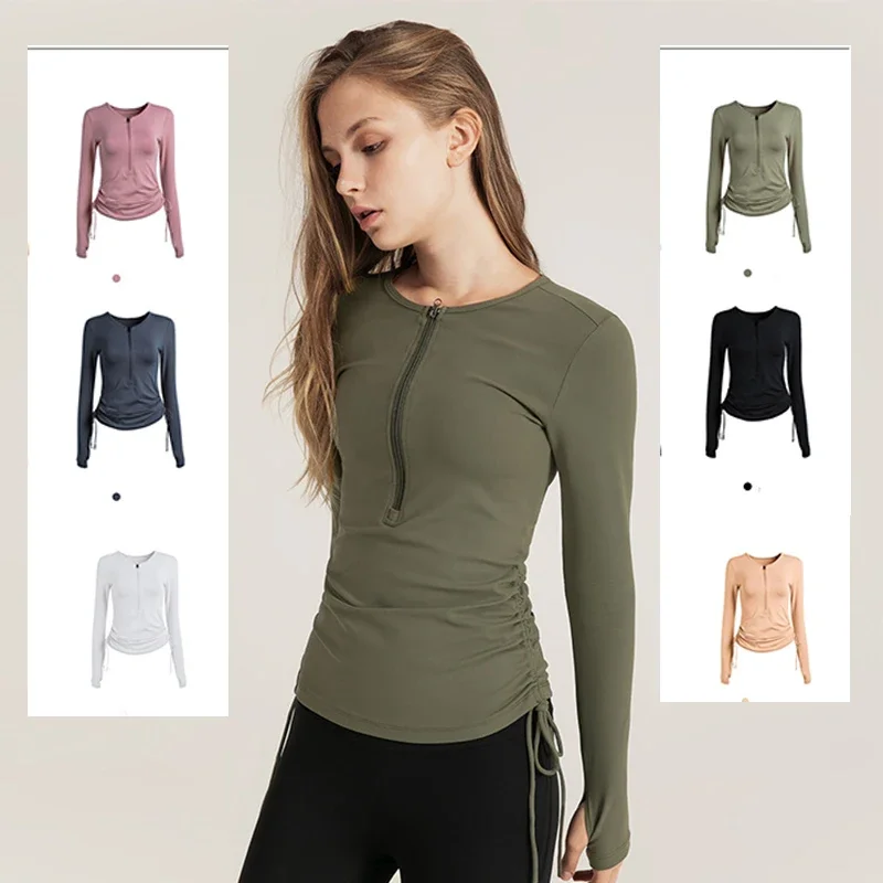 Women Long Sleeve Shirt Half Zip Drawstring Yoga Tennis Tops Ladies Sports Activewear Round Neck Running Blouse for Fitness