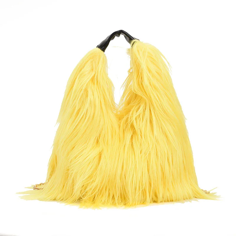 Autumn Winter New Tassel Plush Handbags Fashion Candy Color Ladies Tote Bag Simple Metal Thin Chain Shoulder Bag For Women Party