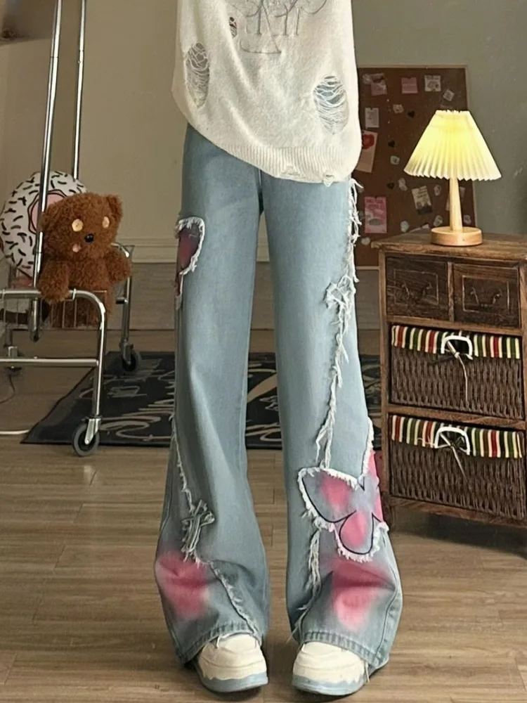 

American Retro Halo Dyed Butterfly Embroidery Micro Horn Jeans for Women's Winter New High Waisted Slim Fit Wide Leg Pants