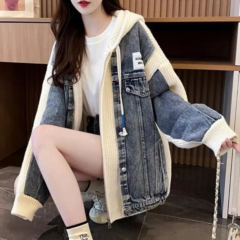 여성용 블랙 데님 재킷, 2023 추운 겉옷, 그래픽, 프린트 후드, 따뜻한 니트, 진 코트, 패치워크 럭셔리, 겨울