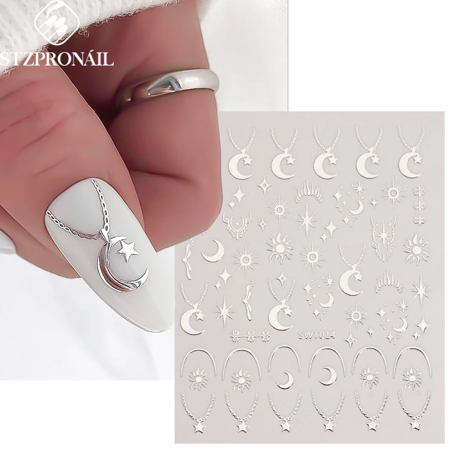 Nail Stickers Sliver Nails Stickers Mental Sun Moon Star Lock Angel Wing Decals Nail Charms 3D Adhesive Sliders Spring Decor Accessories SLSWT