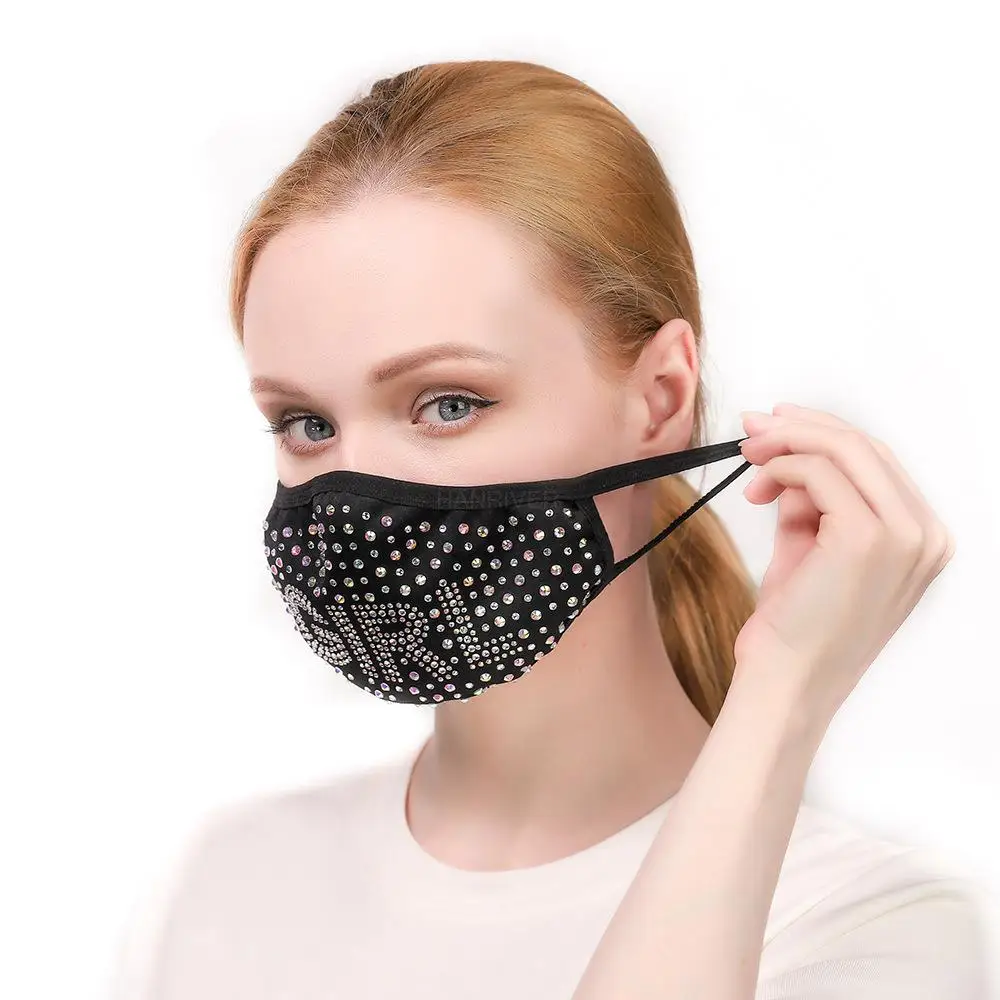 1pcs Letter hot drilling mask non-disposable black washed cotton Hanging ear type dustproof suitable for all seasons