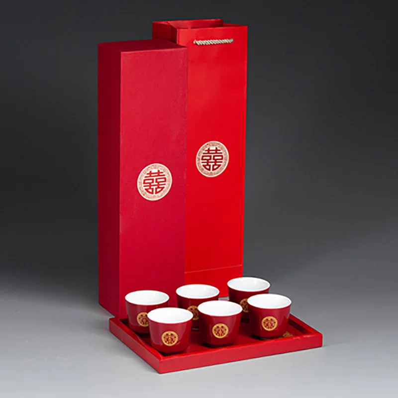 Chinese Retro Red Wedding Ceramic Teacup Tea Cup Set Porcelain Coffee Mugs Teaware Ceremony Luxury Souvenir Gifts