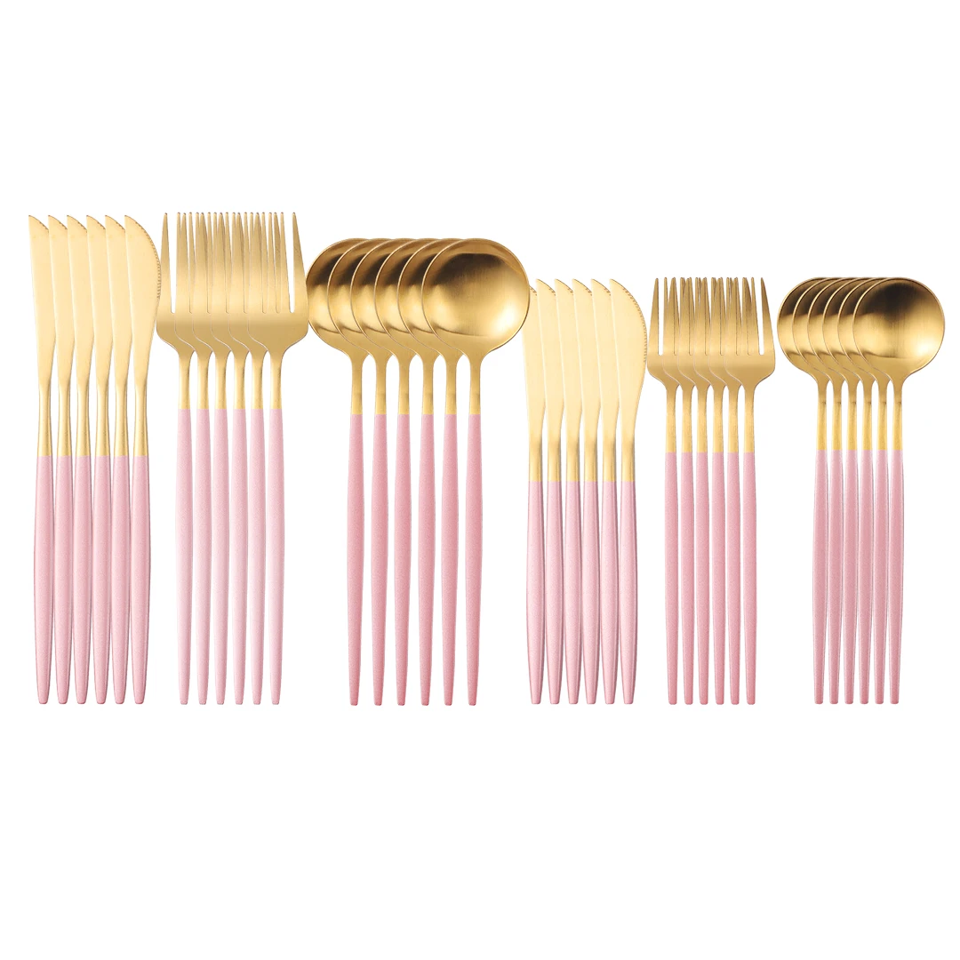 

Pink Gold Cutlery Set Stainless Steel Flatware Matt Knife Fork Spoon Dessert Dinnerware Set 36 Pcs Dishwasher Safe Tableware Set