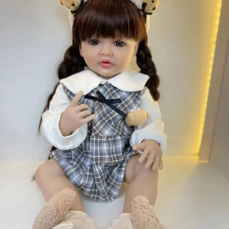 

55CM Soft Vinyl Reborn Baby Girl 22Inch Reborn Dolls Long Brown Hair Lifelike Realistic Toy Toddler Birthday Gift