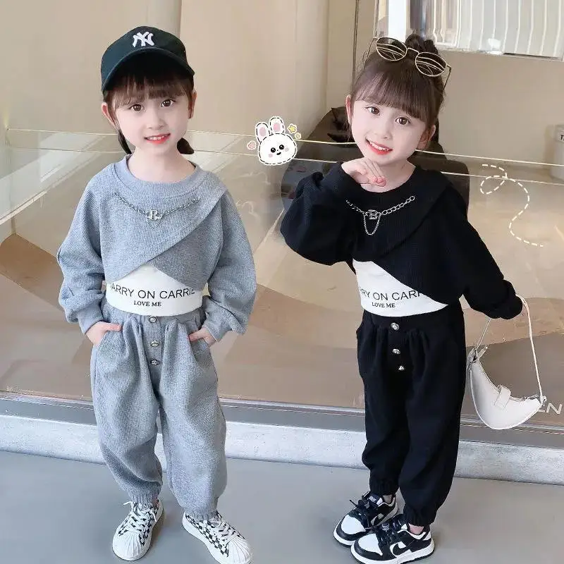 Spring Autumn Baby Girls Plain Waffle Crop Sweatshirt + Sweatpant + Alphabet Tee Tops Sets Kids Tracksuit Child 3PCS Outfit 1-12 Yrs