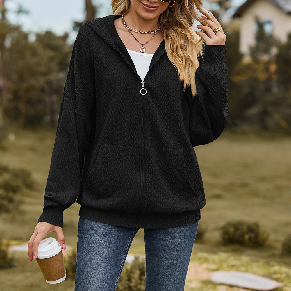 

Clothing Top Daily Women Holiday Zip-Up Hooded Hoodie Jacket Ladies Long Sleeve Loose O Neck Polyester Fashion