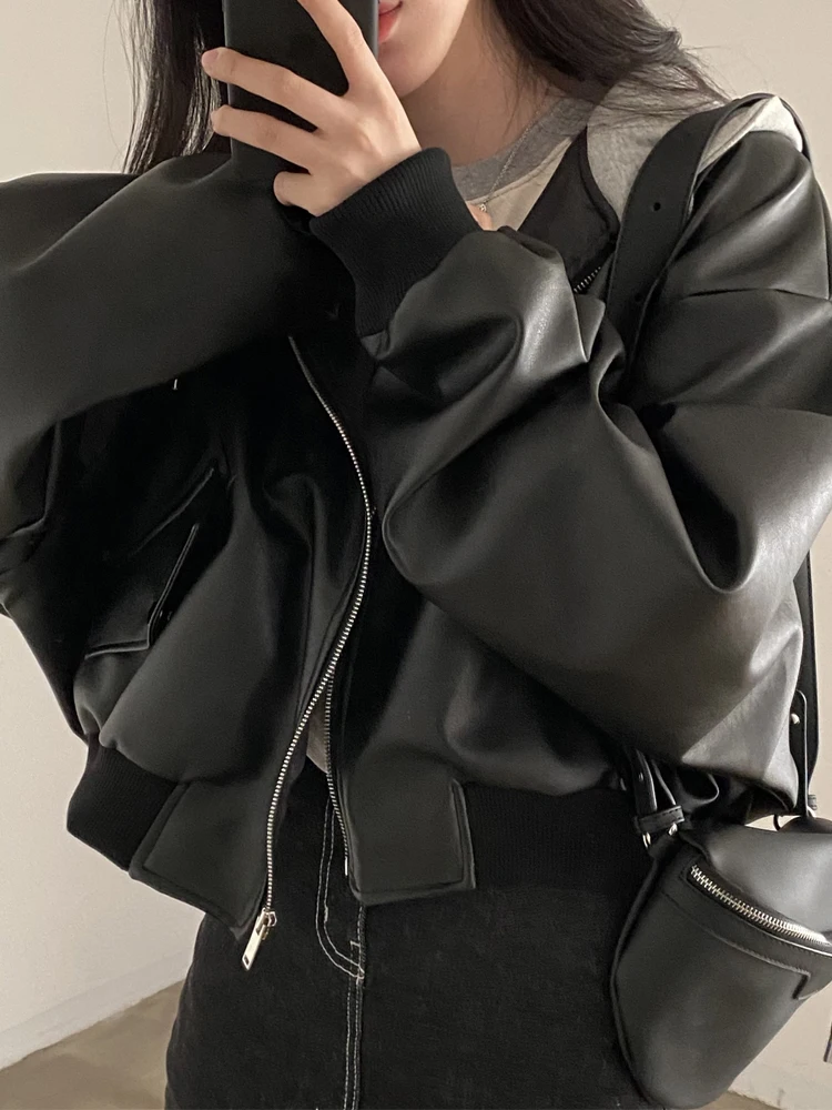 

Vintage Pu Jacket Women Korean Fashion Moto Biker Faux Leather Coats Female Autumn Casual Long Sleeve Hooded Zipper Outerwear