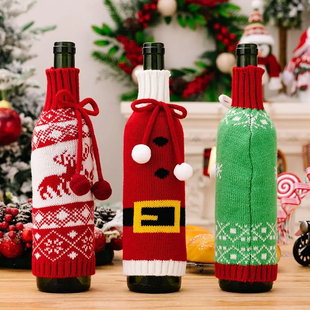 

Knitted Christmas Wine Bottle Cover New Table Decor Santa Claus Bottle Dust Cover Snowman Bottle Bag Xmas