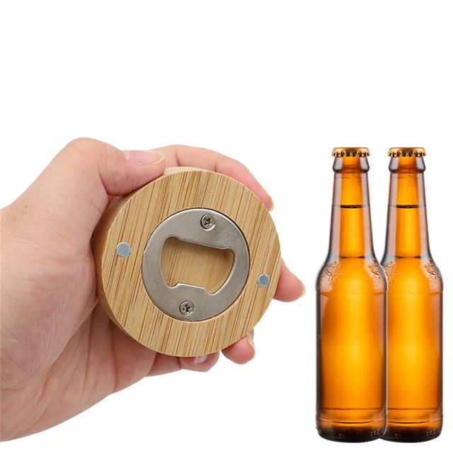 5 Pcs Fridge Magnet Round Wood Opener Decoration Beer Bottle Opener Bamboo Bottle  Openers