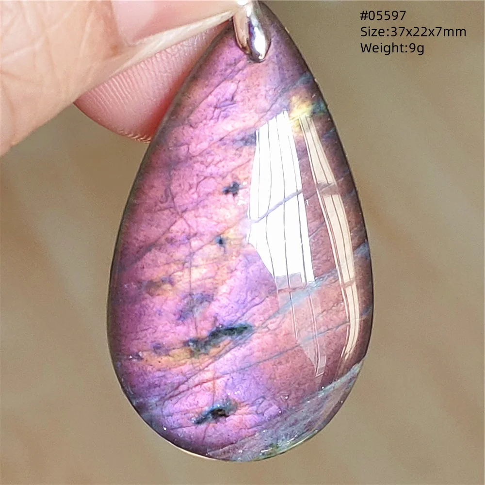 Natural Purple Light Labradorite Pendant Necklace Water Drop Crystal Flash Bead Women Men
