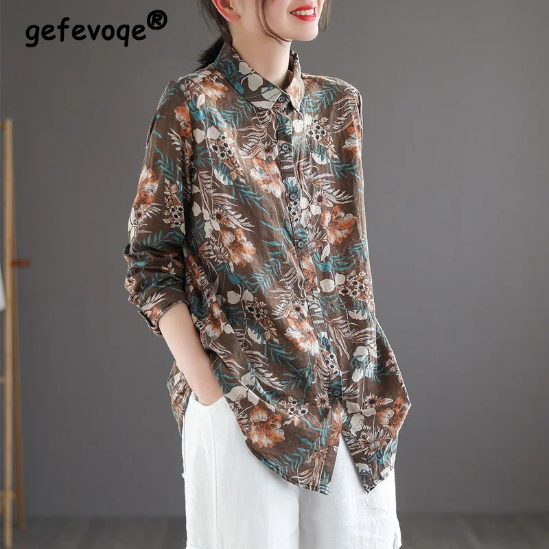 

Vintage Floral Print Cotton Linen Button Up Shirt Spring Autumn Fashion Casual Loose Long Sleeve Tops Blouses for Women Clothes