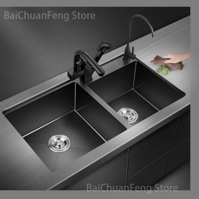 Double Luxury Wash Basin Trough Sink 304 Stainless Steel Kitchen Sinks Black Nano Wash Basin Under Platform Kitchen Accessories