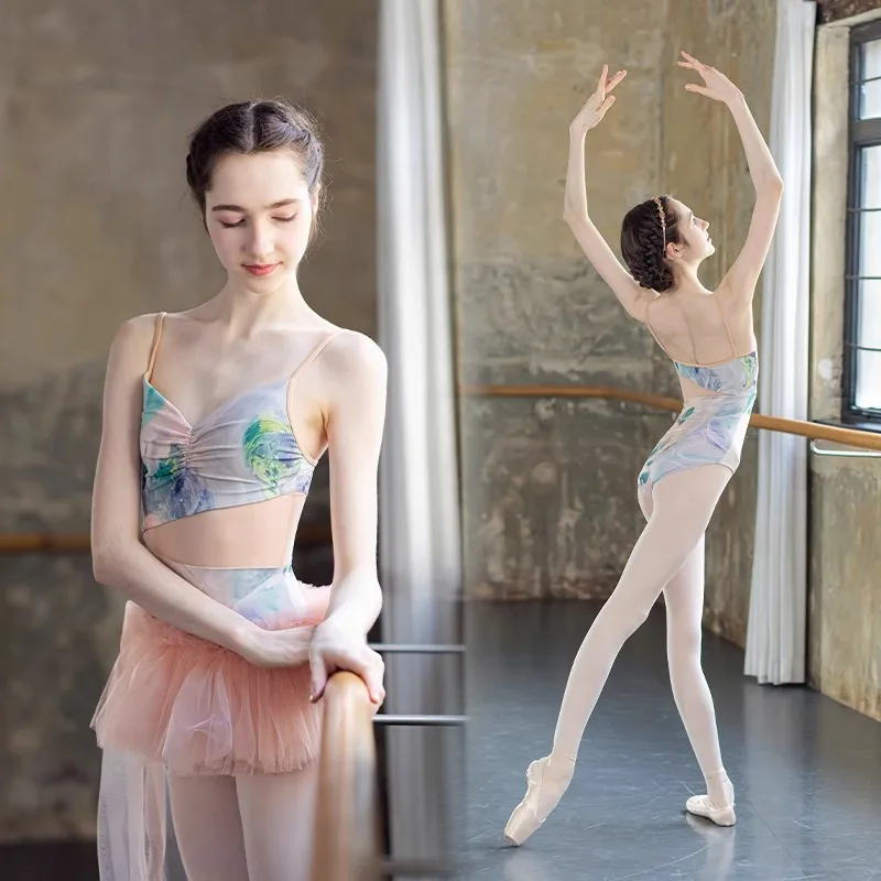 

Ballet Training Suit With Suspender and Printed Body Suit, Chen Xi's Ballet High Crotch Training Suit Set for Women