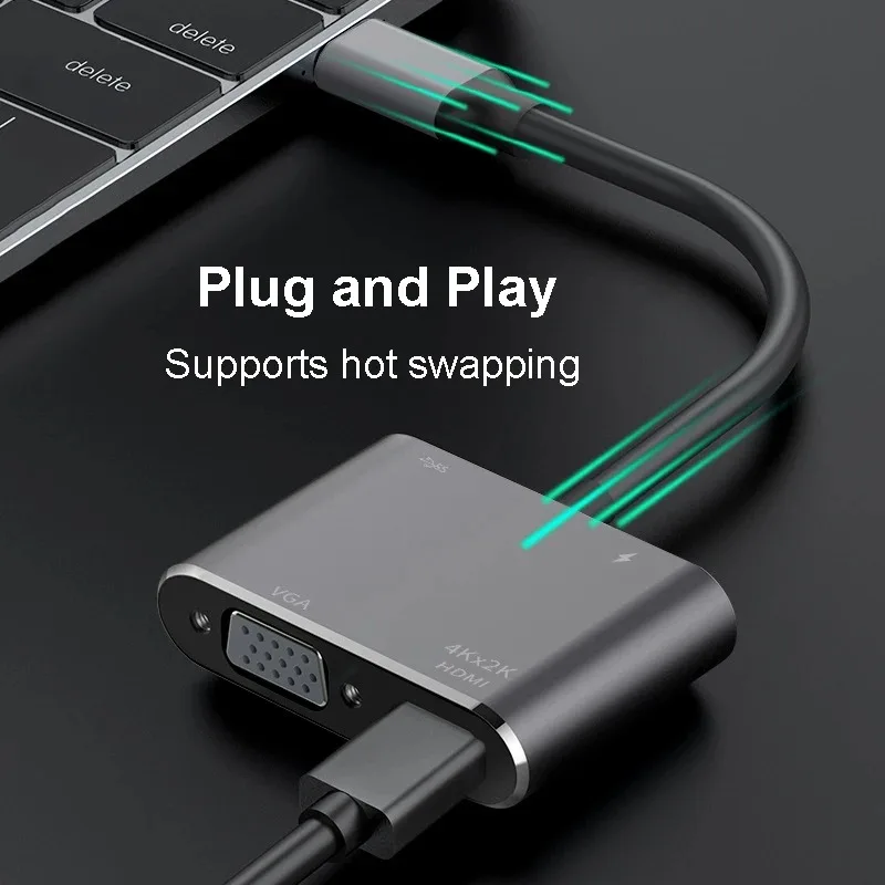 Adattatore multiporta AV digale VGA tipo C compatibile da USB C a HDMI Thunderbolt da 3 a 4K 1080P Porta di ricarica rapida per MacBook