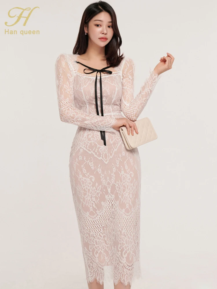 H Han Queen-فستان دانتيل أنيق بسيط للنساء ، على ال...