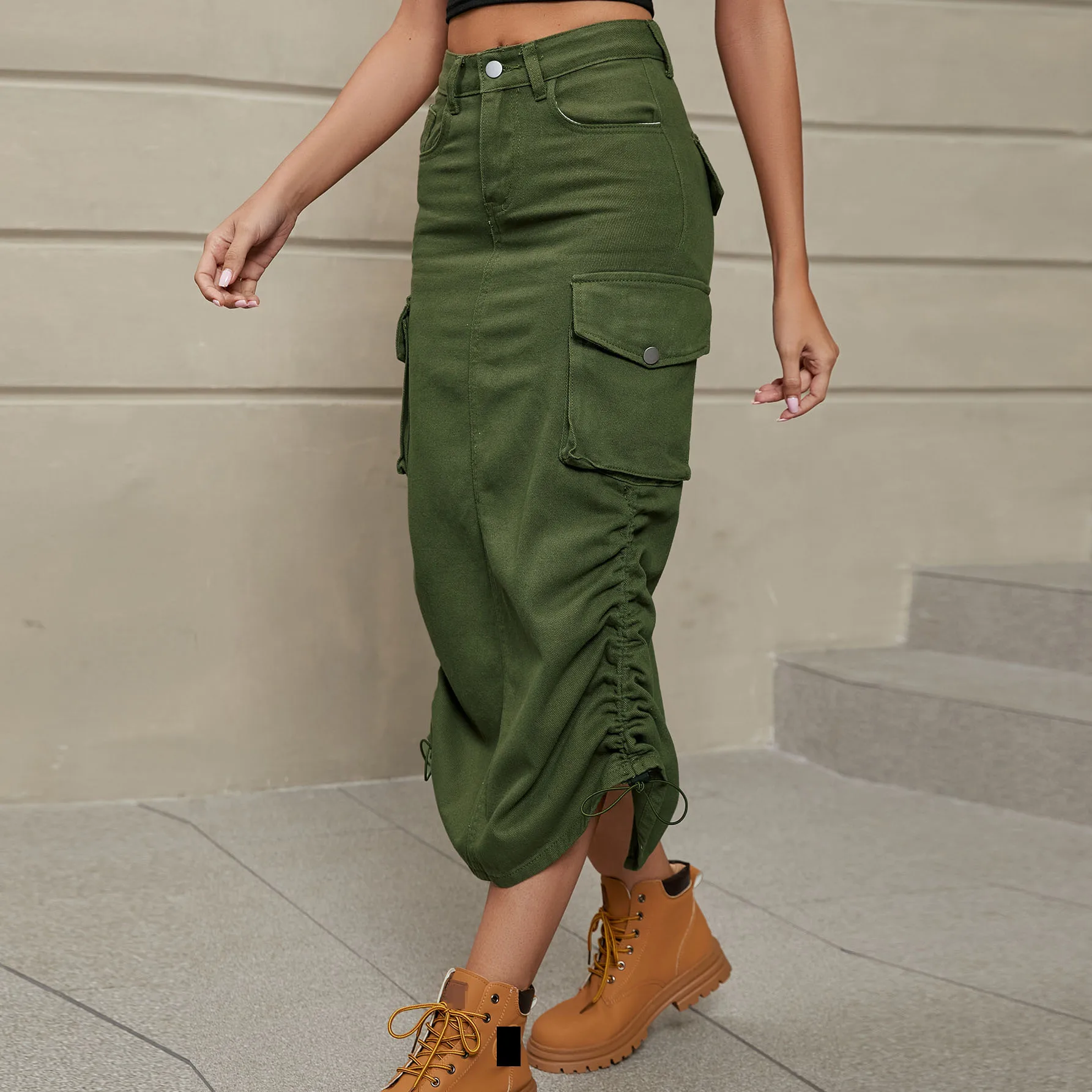 Women's Half Skirt New Fashion Work Casual Mid-length Half Skirt Trendy Street Style Retro Pocket Half Skirt