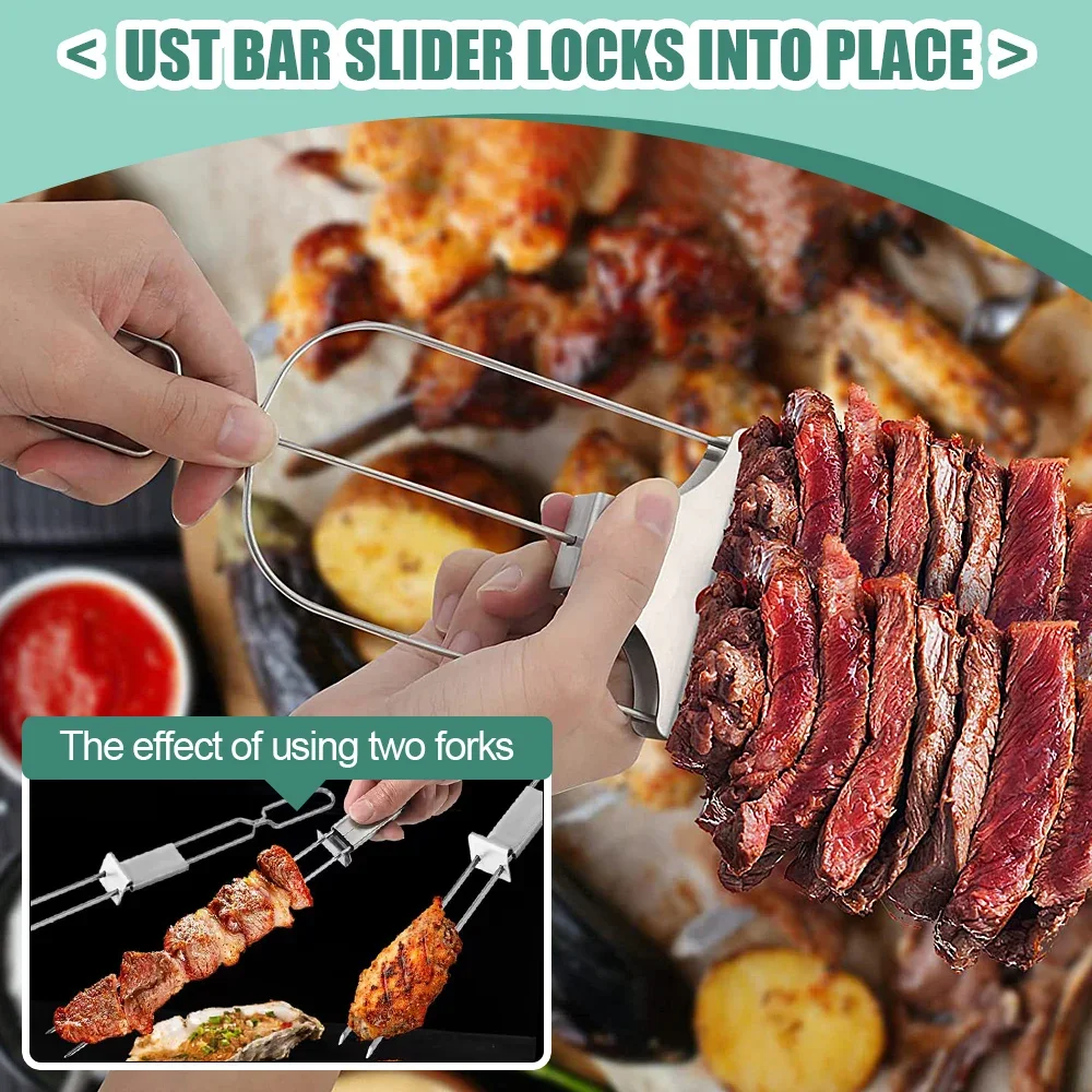 3 Way Grill Skewers Shrimp Skewers For Grilling Stainless Steel Reusable Semi-Automatic BBQ Fork 2 Way Kebab Stick Kitchen Tools