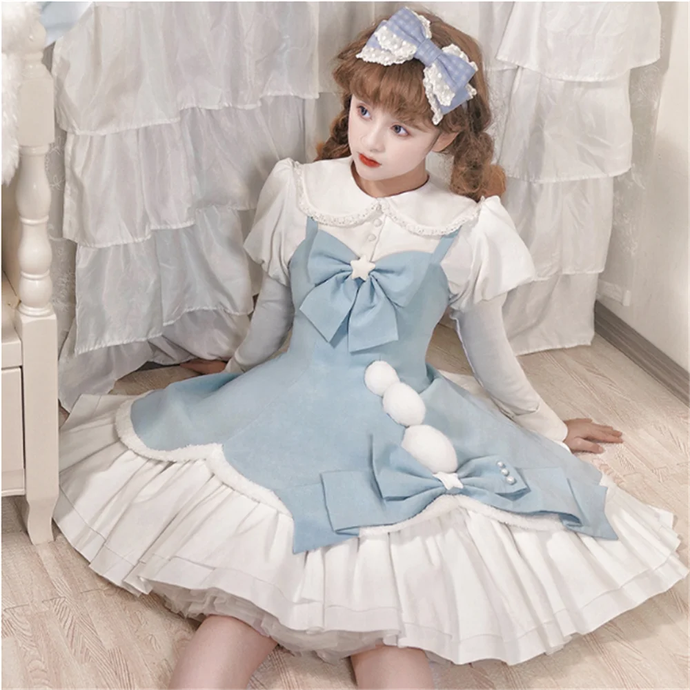 

Kawaii Girls Cute Hairball Winter Victoria Pink Lolita Dress Sweet Woman Peter Pan Collar Shirt Bowknot Soft Girl Cos Lolita Jsk