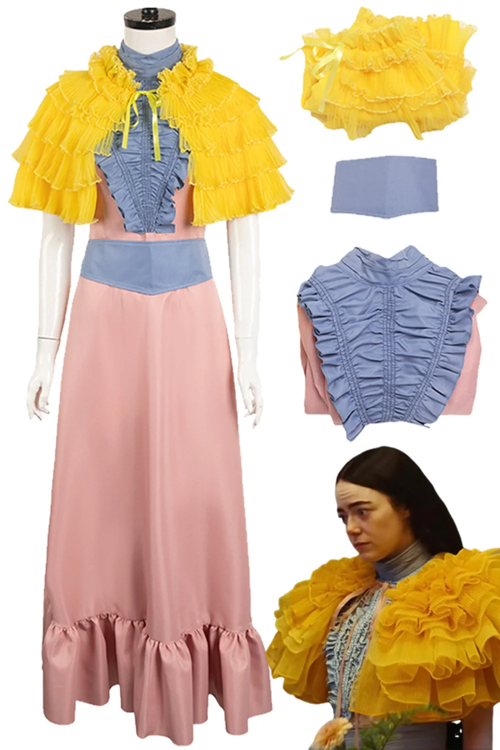 

Belle Baxter Cosplay Blue Pink Set Costume 2023 Movie Poor Things Roleplay Outfit Shawl Dress Belt Women Halloween Party Suits