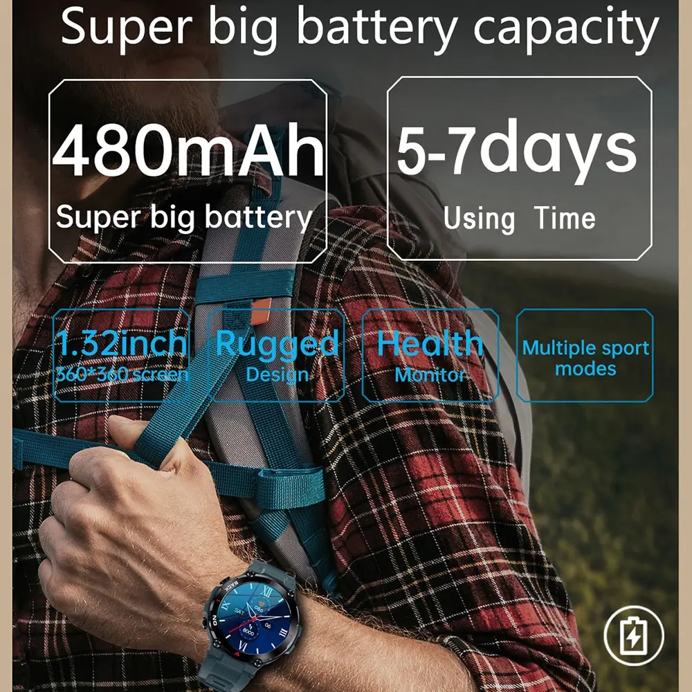 Outdoor Military Smart Watch Men 360*360 HD Screen Heart Rate IP68 Waterproof Sports Smartwatch Android IOS K37 smart watch