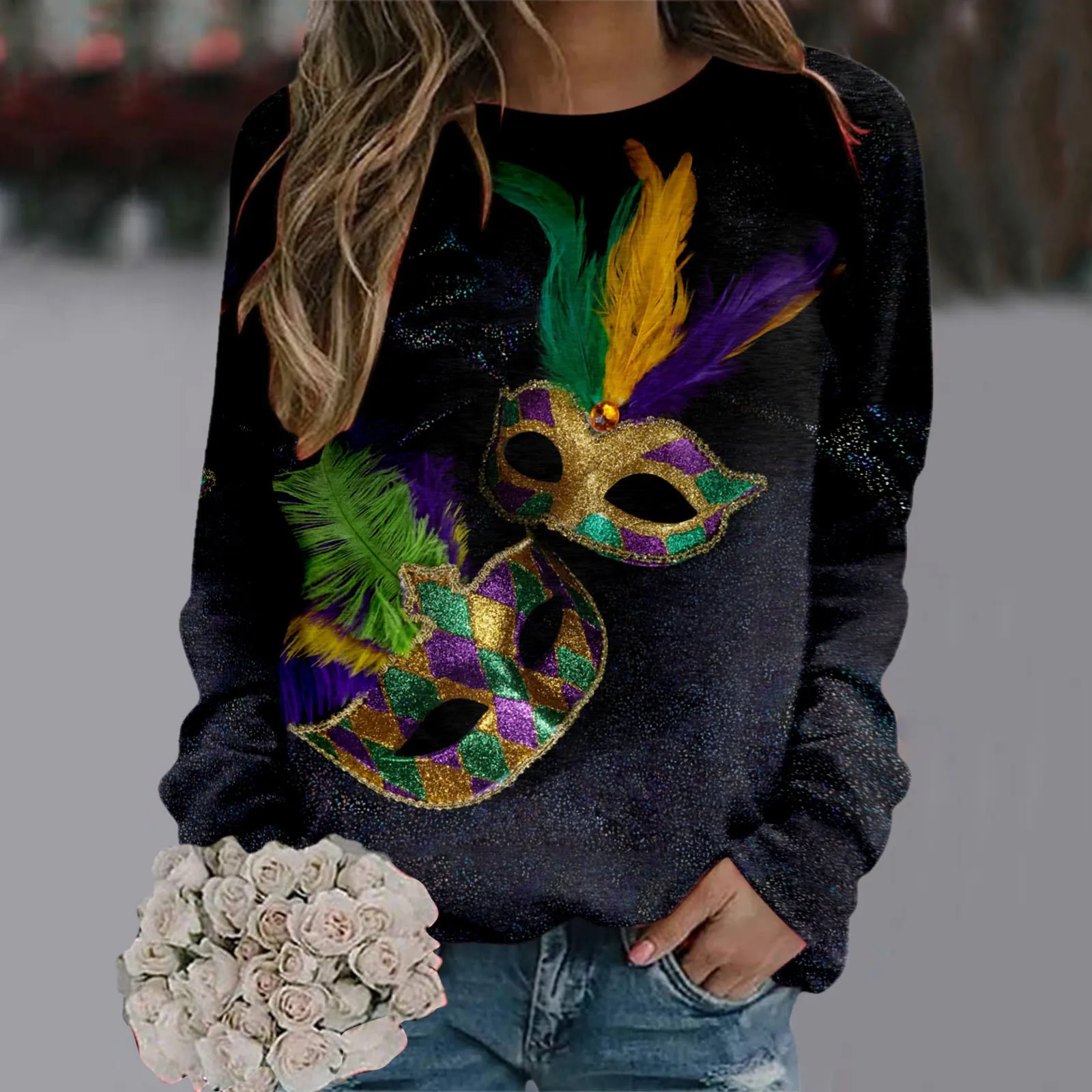 Womens Mardi Gras Print Crew Neck Sweatshirt Women Graphics Fit Pullover Tops Ladies Casual Festival Long Sleeve Workout Shirts