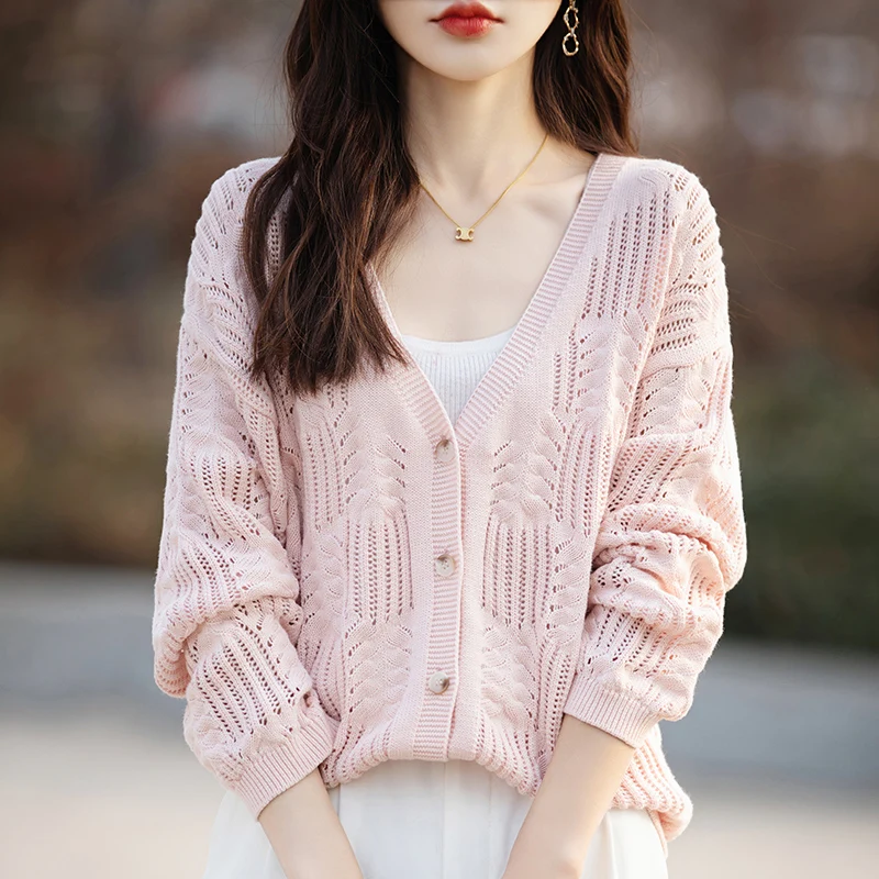 여성용 캐주얼 가디건, 단색 니트 코튼 스웨터, V넥 싱글 브레스트 여성 상의, 할로우 블라우스, 용수철 가을 신상