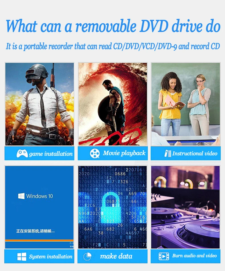 External DVD 3.0 USB Ultra-thin Portable Optical Drive Burner Reader Player Tray