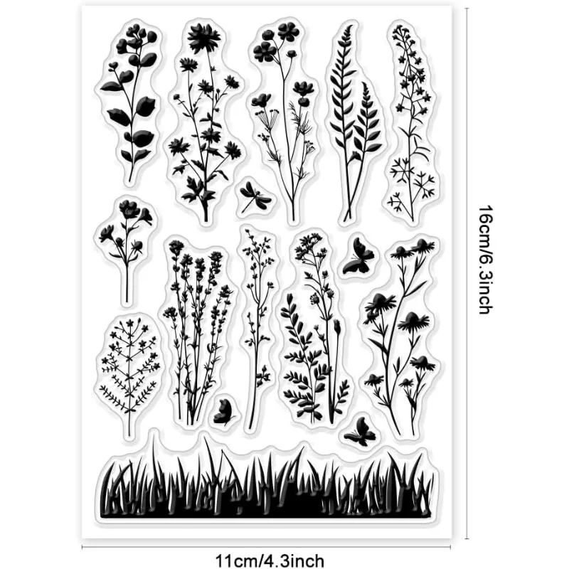 Clear Stamps 1 pc Wildflower Meadow Silhouette Vintage Flowers Plants 6.3x4.33inch