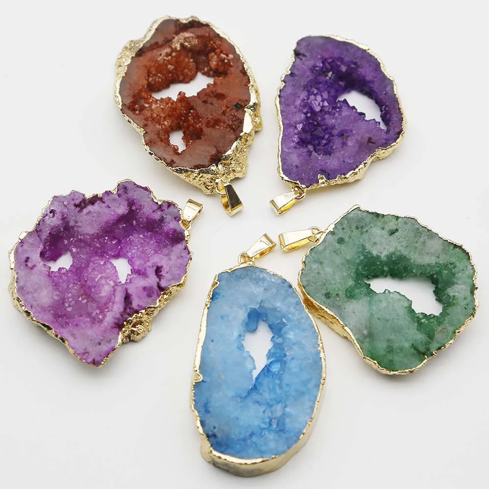 Selling Natural Agates Stone Irregular Gilt Edge Pendants Necklace Colorful Druzy Geode Charms Jewelry Making Bracelet Gift 8Pcs